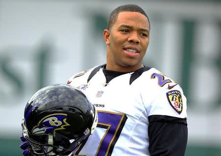 Baltimore Ravens running back Ray Rice (27) warms up during the NFL's Super Bowl XLVII football practice in New Orleans, Louisiana January 30, 2013. REUTERS/Sean Gardner