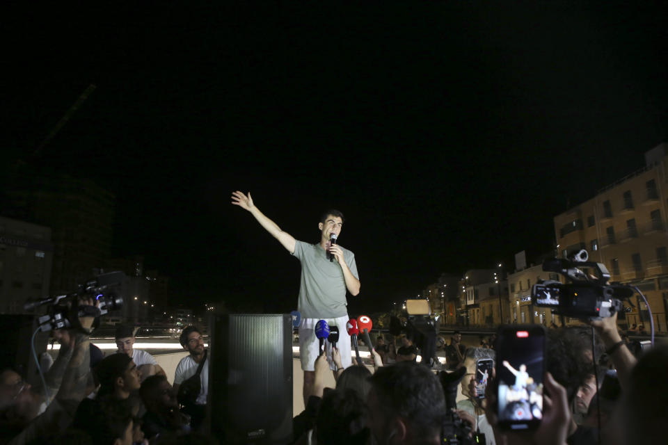 FILE - Fidias Panayiotou speaks to his supporters after elected in the European elections in capital Nicosia, Cyprus, on June 9, 2024. (AP Photo/Philippos Christou, File)