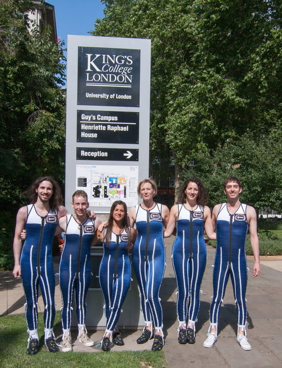 Students from Kings College London, UK, wearing the 'Skinsuit' as subjects for a functional evaluation study. Image released Jan. 10, 2014.