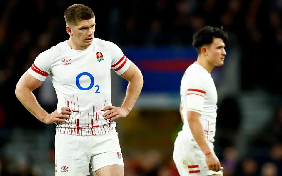 Rugby Union - International - England v South Africa - Twickenham Stadium, London, Britain - November 26, 2022 England's Marcus Smith and Owen Farrell react - Action Images via Reuters/Andrew Boyers