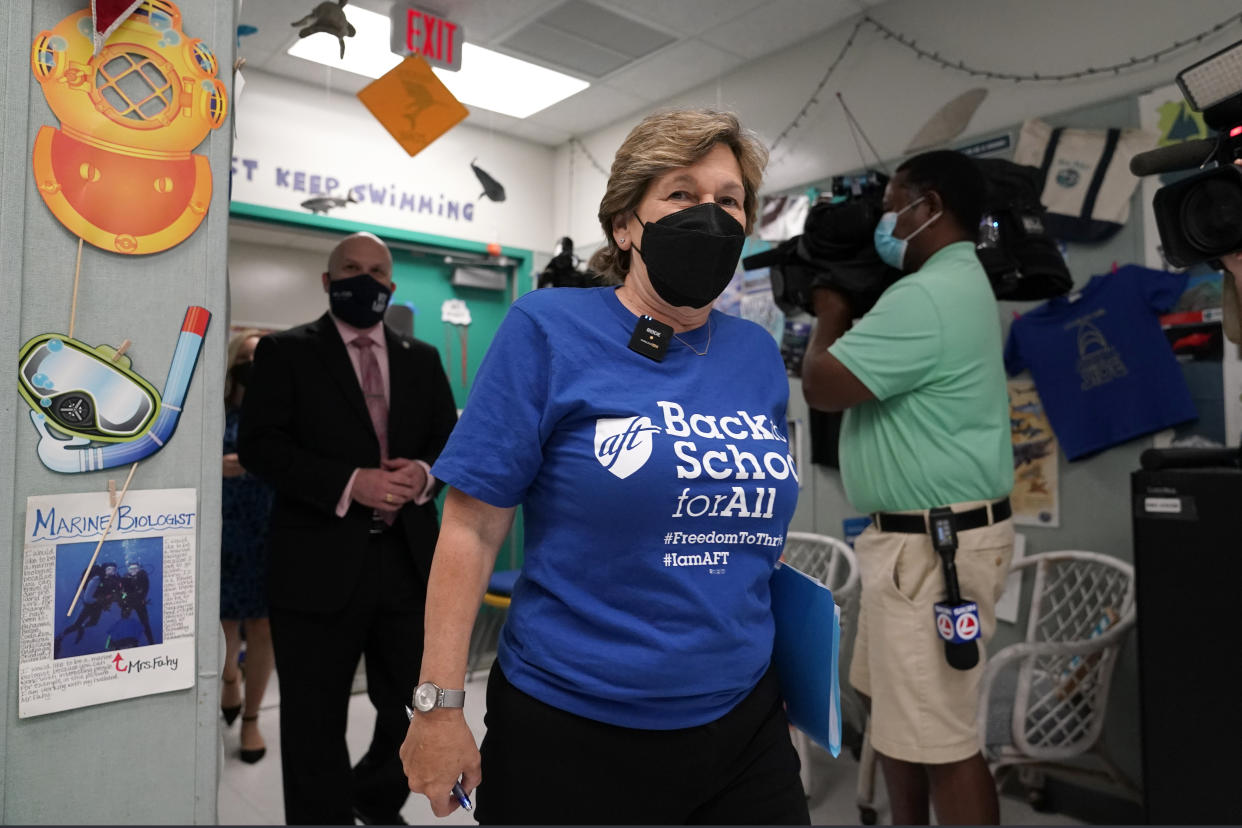 American Federation of Teachers President Randi Weingarten tours a classroom at the New River Middle School, Thursday, Sept. 2, 2021, in Fort Lauderdale, Fla. Weingarten is on a nationwide tour of schools to stress the importance of safely returning to five-day-a-week in person learning. Broward County is one of numerous school districts in Florida with a mask mandate for students. (AP Photo/Lynne Sladky)