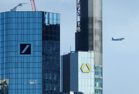 FILE PHOTO: Outside view of the Deutsche Bank and the Commerzbank headquarters in Frankfurt, Germany, March 18, 2019. REUTERS/Ralph Orlowski/File Photo