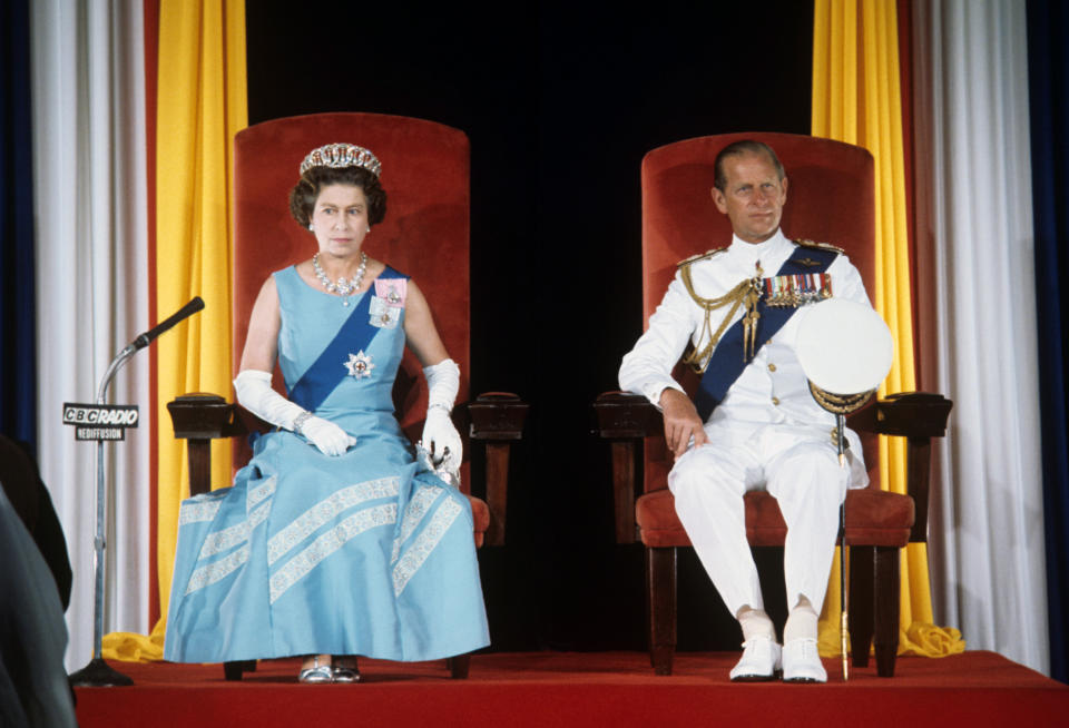 Queen Elizabeth II and the Duke of Edinburgh during the State Opening of Parliament in Bridgetown, Barbados, during her Silver Jubilee tour of the Caribbean.