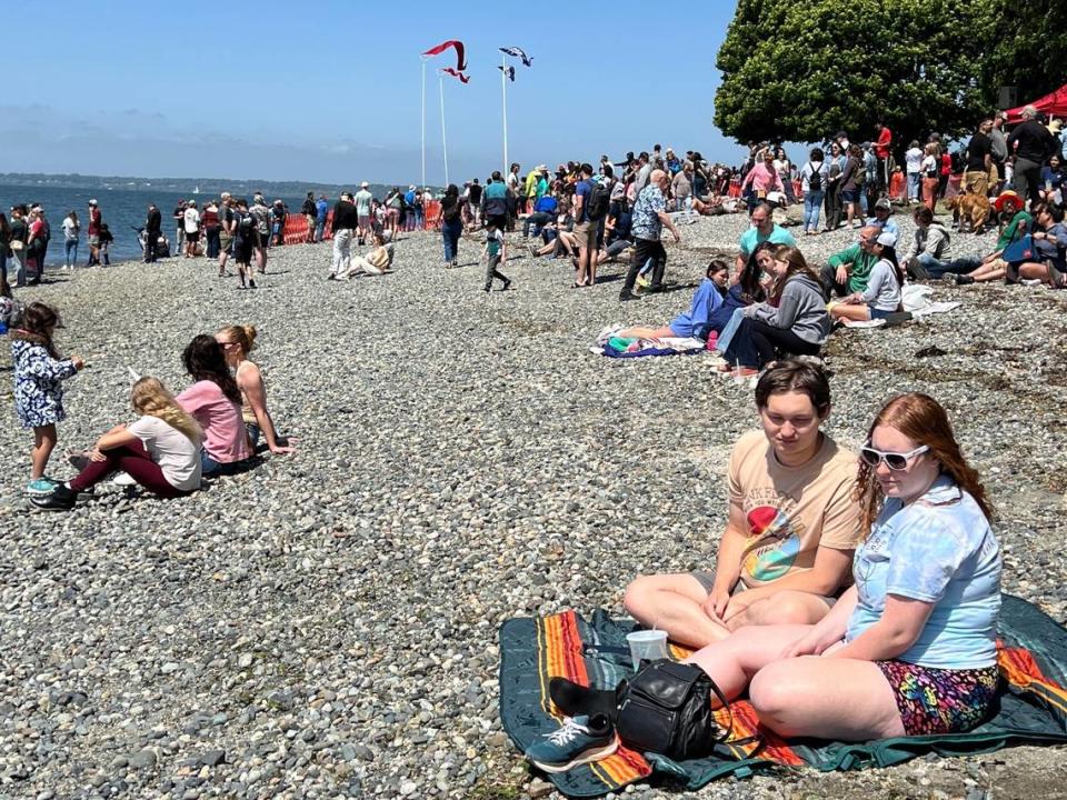 Several thousand people flocked to Marine Park in Bellingham, Wash., sitting on the beach and flanking the finish line to watch the last leg of the 50th annual Ski to Sea relay race on Sunday, May 28, 2023.