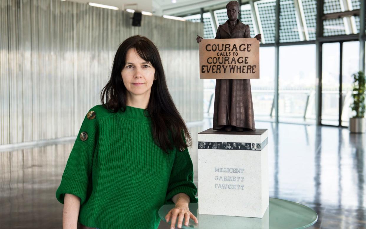 Artist Gillian Wearing with a model of suffragist leader Millicent Fawcett - PA