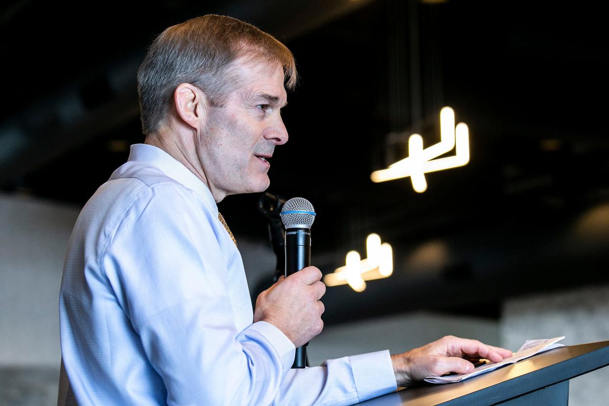 U.S. Rep. Jim Jordan, R-Ohio, speaks during a campaign fundraiser for U.S. Rep. Mariannette Miller-Meeks, R-Iowa, Saturday, Feb. 18, 2023, at the Courtyard By Marriott Iowa City-University Heights in University Heights, Iowa.