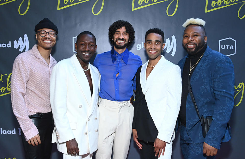 Julian Walker, Delius Doherty, Ahmad Maksoud, Jonathan Burke and DaShawn Usher attend the "Not Looking" private screening presented by GLAAD and UTA at United Talent Agency on April 17, 2023 in Beverly Hills, California.