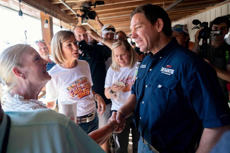 PHOTO: Florida Governor and 2024 Presidential hopeful Ron DeSantis arrives for a Fair Side Chat with Governor Kim Reynolds, at the Iowa State Fair in Des Moines, Iowa, Aug. 12, 2023. (Stefani Reynolds/AFP via Getty Images)