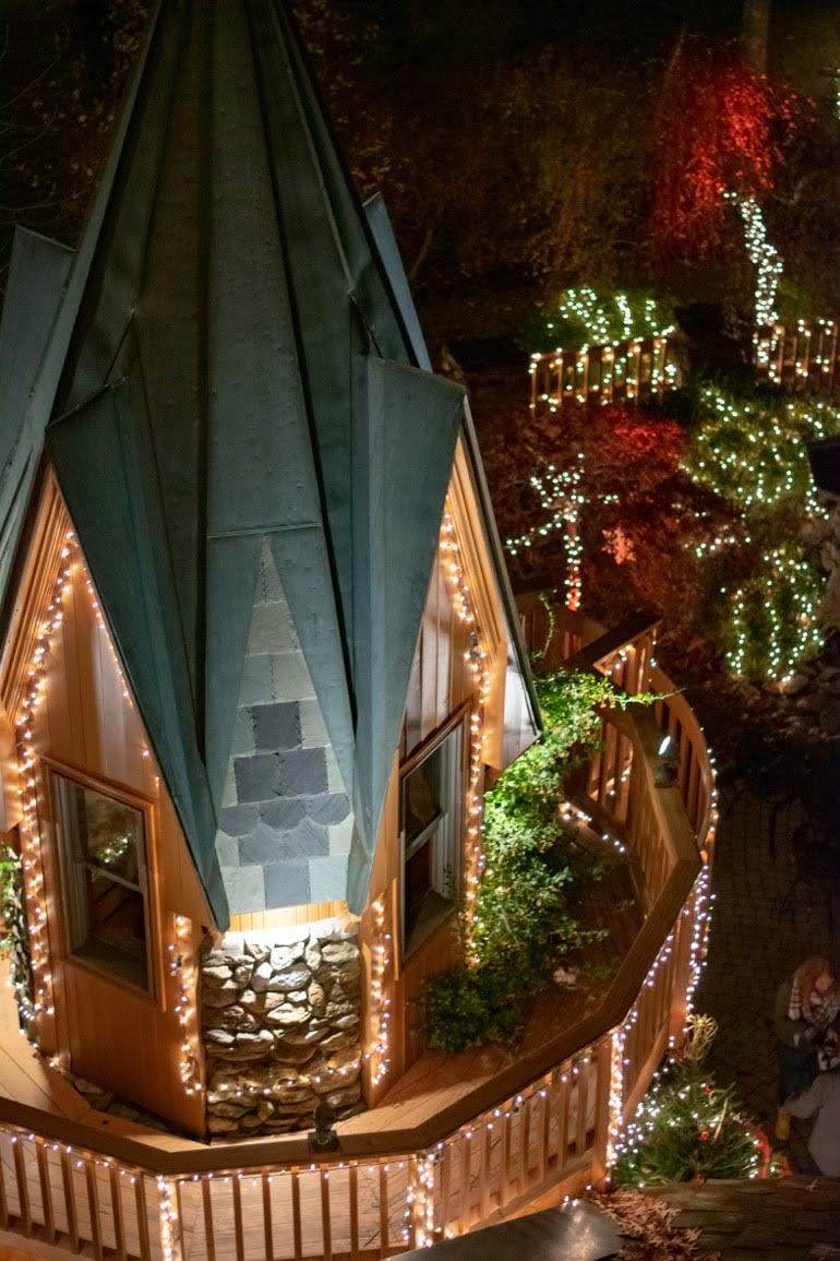 Visitors to Landolls Mohican Castle can climb one of the castle’s towers to get a bird's eye view of the 100,00 plus Christmas lights.