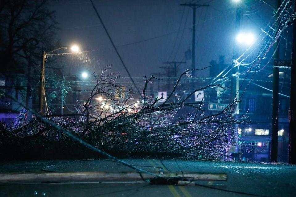 A tree blocked Jefferson Street near Maryland Avenue during an ice storm in Lexington in 2021.