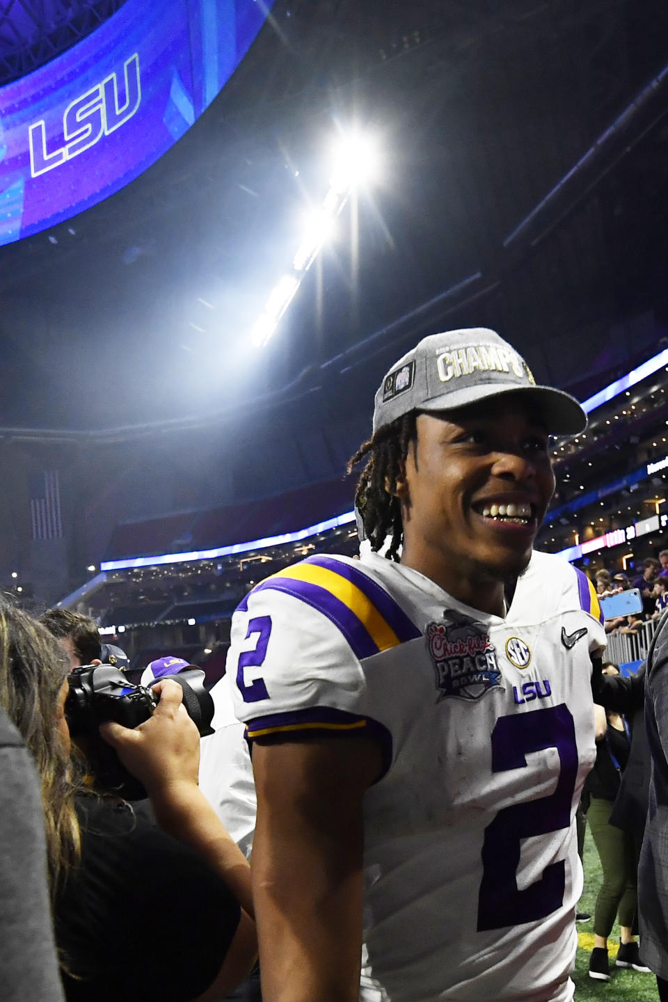 LSU wide receiver Justin Jefferson leaves the field after the Peach Bowl NCAA semifinal college football playoff game against Oklahoma, Saturday, Dec. 28, 2019, in Atlanta. LSU won 63-28. (AP Photo/John Amis)