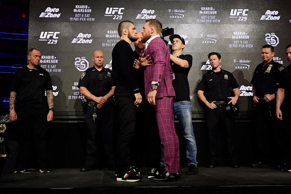 Lightweight champion Khabib Nurmagomedov faces-off with Conor McGregor during the UFC 229 presser at Radio City Music Hall on Sept. 20, 2018 in New York City. (Getty Images)