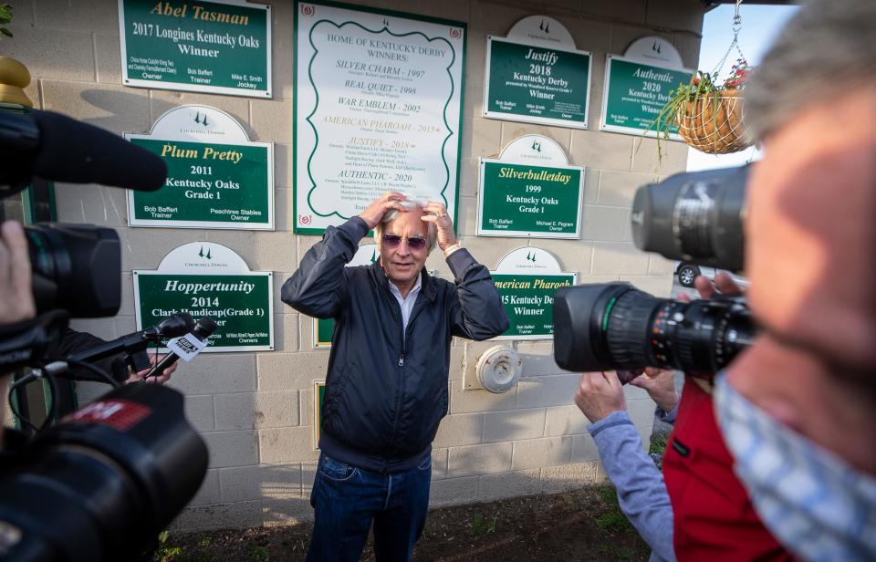 Bob Baffert spoke with the media in front of his barn on the backside of Churchill Downs the day after his seventh victory in the Kentucky Derby with Medina Spirit. May 2, 2021