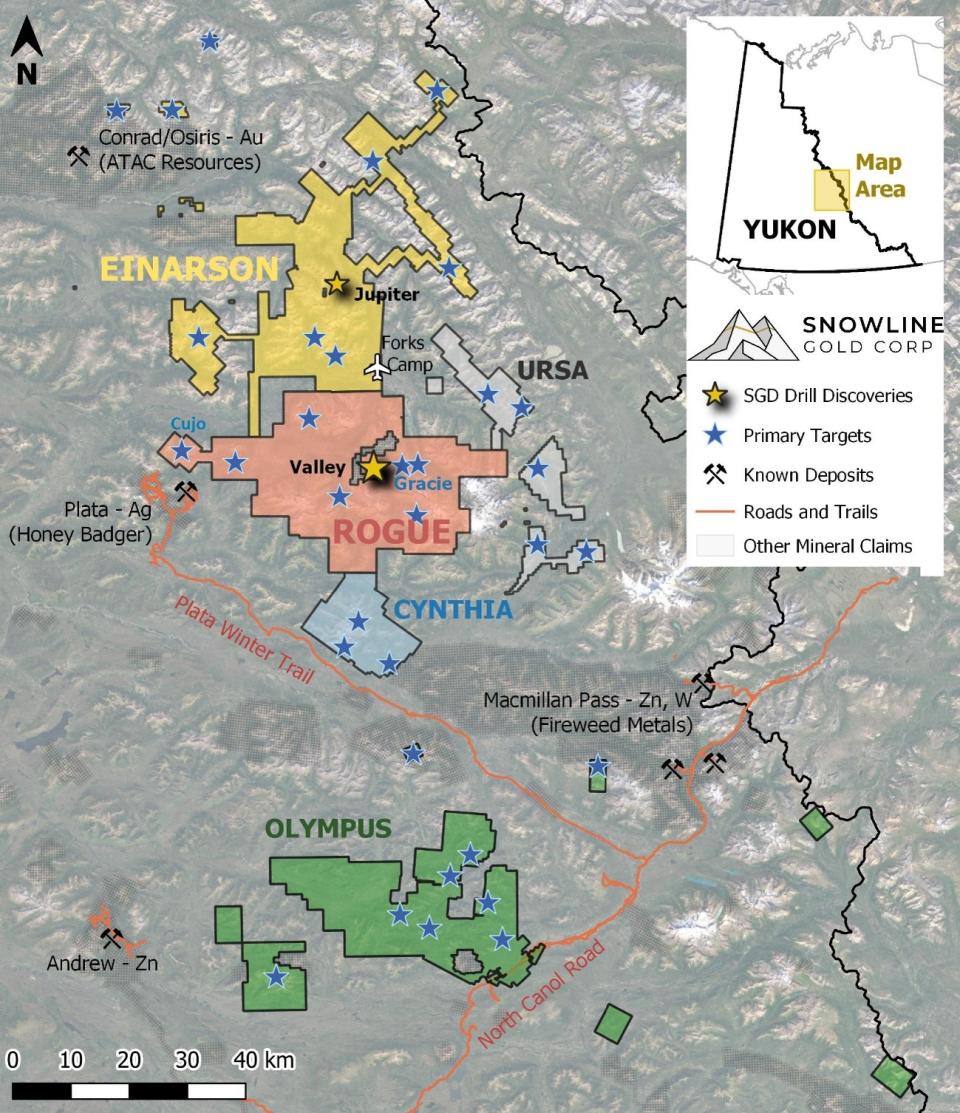 <strong>Figure 5 - Project location map</strong> for Snowline Gold's eastern Selwyn Basin properties: Rogue, Einarson, Ursa, Cynthia and Olympus. The Valley target is one of several prospective reduced intrusion-related gold targets on the broader 30 x 60 km Rogue Project.