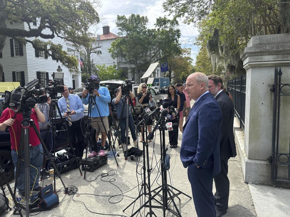 Attorney Jim Griffin speaks after his client Alex Murdaugh was sentenced to 40 years in federal prison for financial crimes on Monday, April 1, 2024, in Charleston, S.C. (AP Photo/Jeffrey Collins)