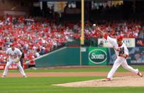 ST LOUIS, MO - OCTOBER 17: Kyle Lohse #26 of the St. Louis Cardinals pitches agains the San Francisco Giants in Game Three of the National League Championship Series at Busch Stadium on October 17, 2012 in St Louis, Missouri. (Photo by Dilip Vishwanat/Getty Images)