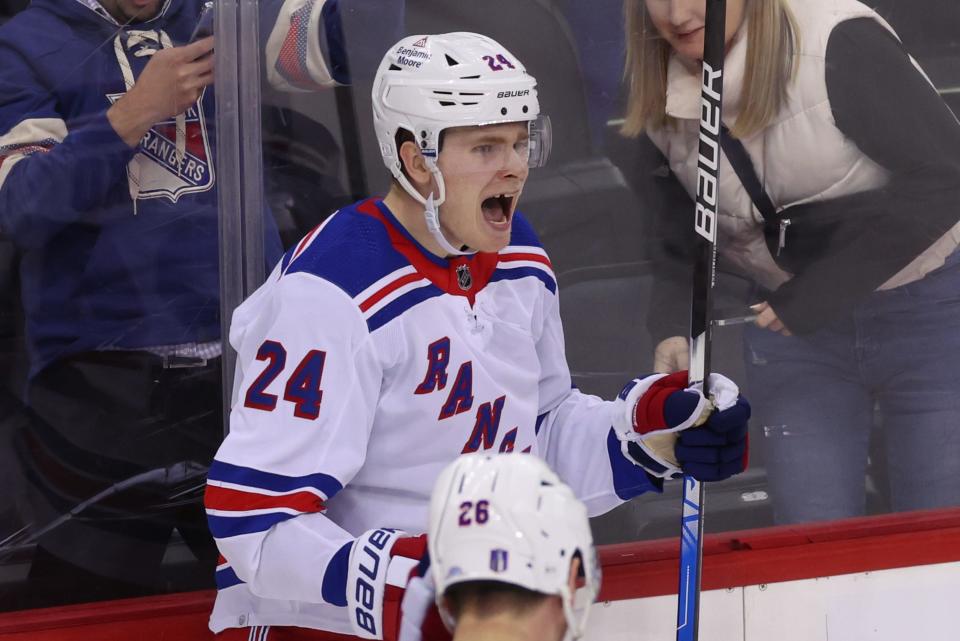 Apr 20, 2023; Newark, New Jersey, USA; New York Rangers right wing Kaapo Kakko (24) celebrates his goal against the New Jersey Devils during the third period in game two of the first round of the 2023 Stanley Cup Playoffs at Prudential Center.