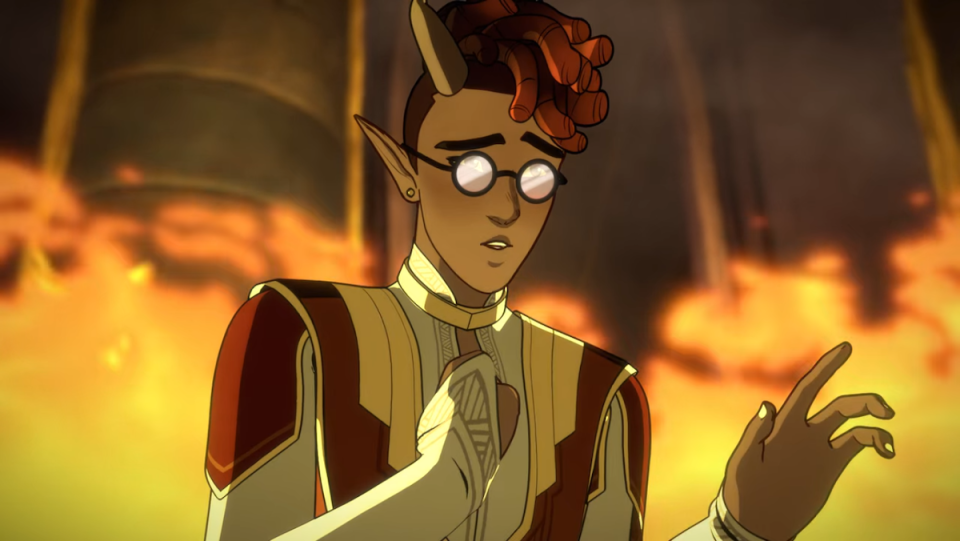 Kazi from The Dragon Prince wears glasses and looks concerned.