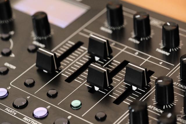 Close up of the four faders on the Roland SH-4d