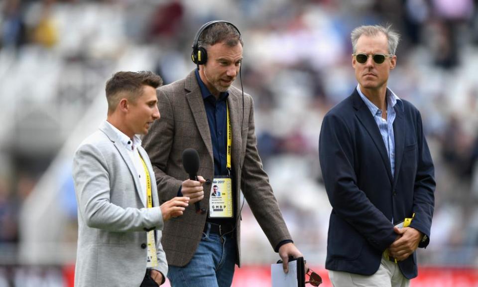 Ed Smith (right) with James Taylor and Charles Dagnell, his fellow Test Match Special commentators. Smith has left TMS because of his role with England.