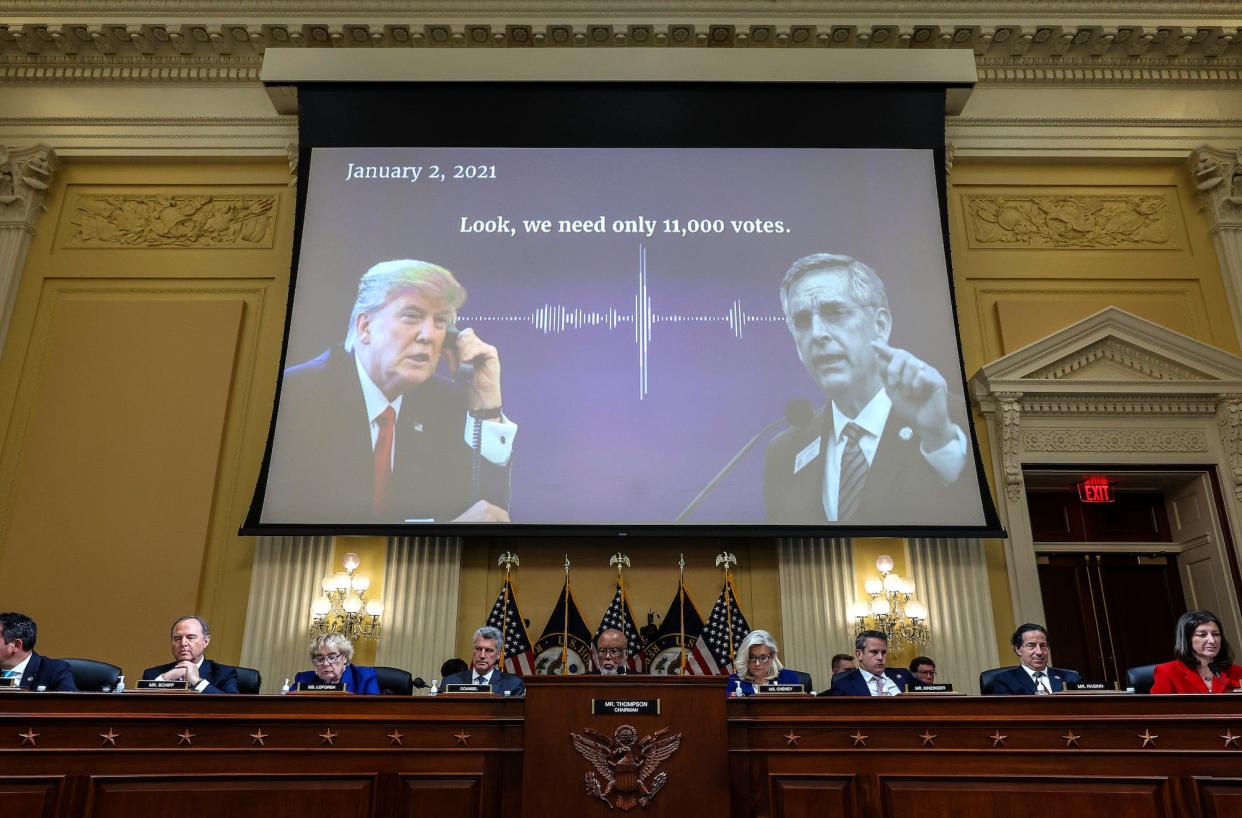 An audio recording of former President Donald Trump talking to Georgia Secretary of State Brad Raffensperger is played during a hearing by the House Select Committee to Investigate the January 6th Attack on the US Capitol in the Cannon House Office Building on October 13, 2022 in Washington, DC.