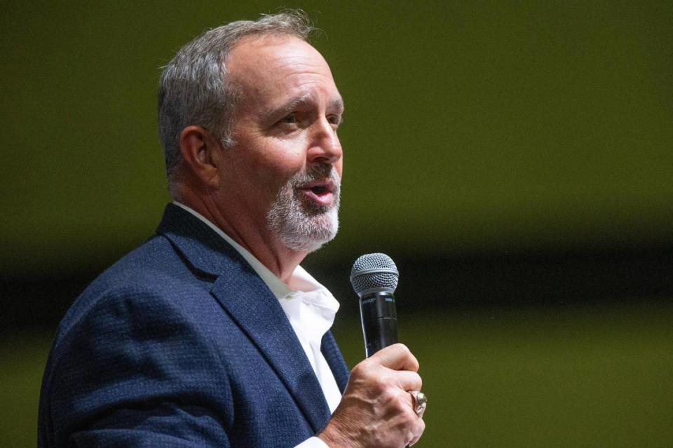 Representative Jeff Duncan speaks to the annual Faith and Freedom Barbeque on Monday, August 28, 2023. During the event, he thanked first responders and invited presidential primary candidates to speak.