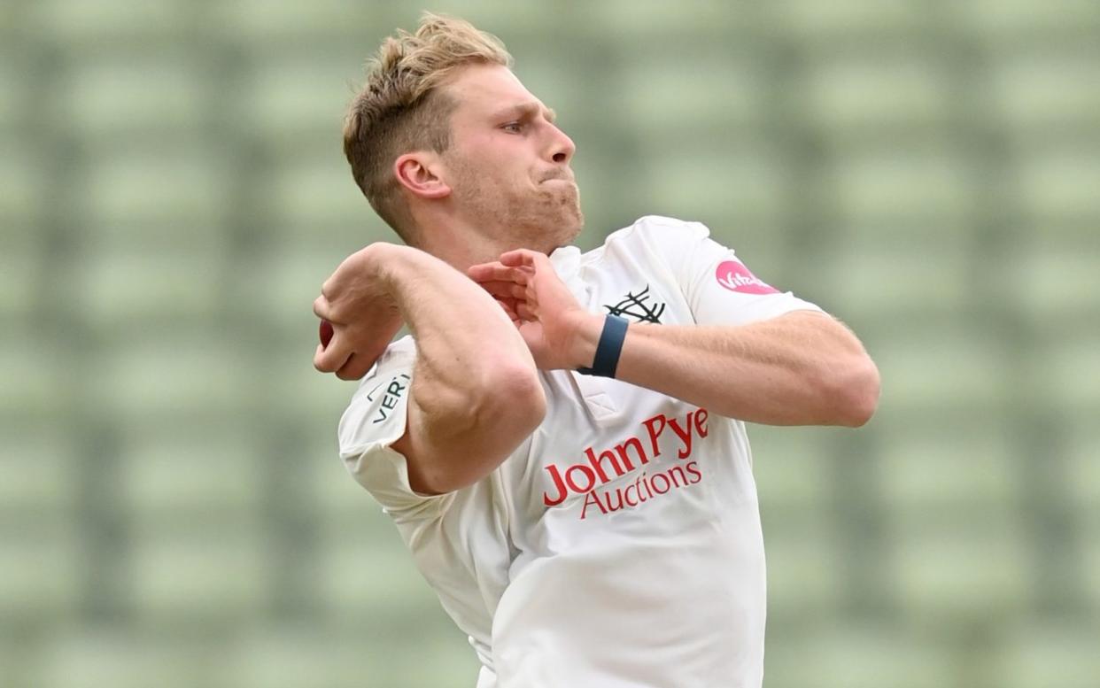 Dillon Pennington of Nottinghamshire bowls during day three of Vitality County Championship division one match between Warwickshire and Nottinghamshire at Edgbaston on April 28, 2024