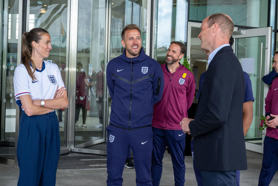 The Prince of Wales (right) speaks with Jill Scott (left), Harry Kane (centre) and Gareth Southgate (Paul Cooper/The Telegraph/PA Wire)