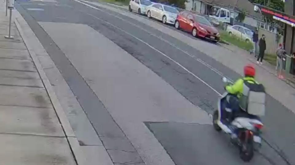 CCTV of the alleged offender travelling on his white motor scooter. Picture: Supplied / NSW Police