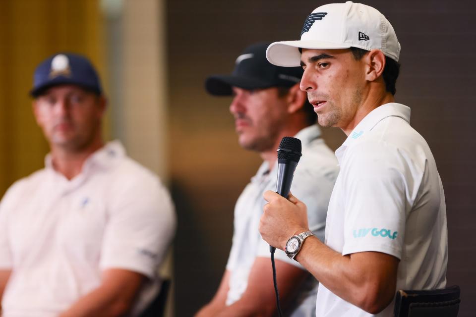 Apr 3, 2024; Miami, Florida, USA; Joaquin Niemann talks to reporters during a LIV Golf Miami practice round at Trump National Doral. Mandatory Credit: Sam Navarro-USA TODAY Sports