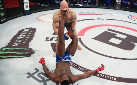 Fabian Edwards crumples Falco Neto with an upkick - Credit: Lee Hamilton-Cooper/Bellator