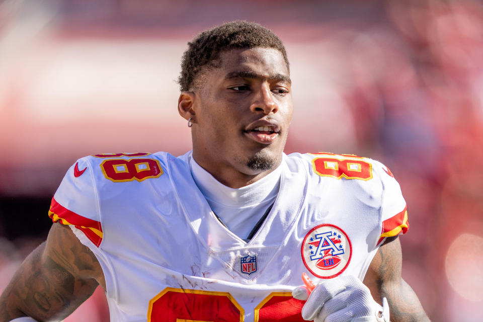 October 23, 2022; Santa Clara, California, USA; Kansas City Chiefs tight end Jody Fortson (88) during halftime against the San Francisco 49ers at Levi’s Stadium. Mandatory Credit: Kyle Terada-USA TODAY Sports