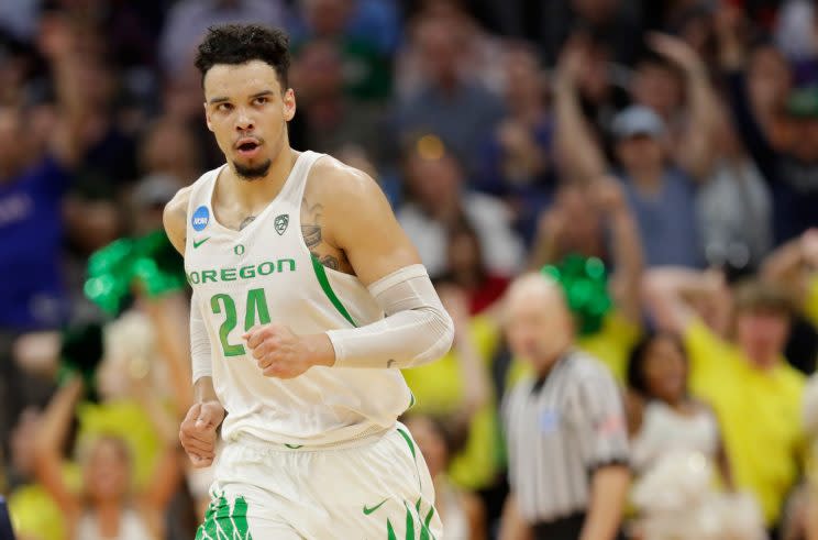 Dillon Brooks #24 of the Oregon Ducks reacts after a play against the Rhode Island Rams during the second round of the 2017 NCAA Men’s Basketball Tournament at Golden 1 Center on March 19, 2017 in Sacramento, California. (Photo by Jamie Squire/Getty Images)
