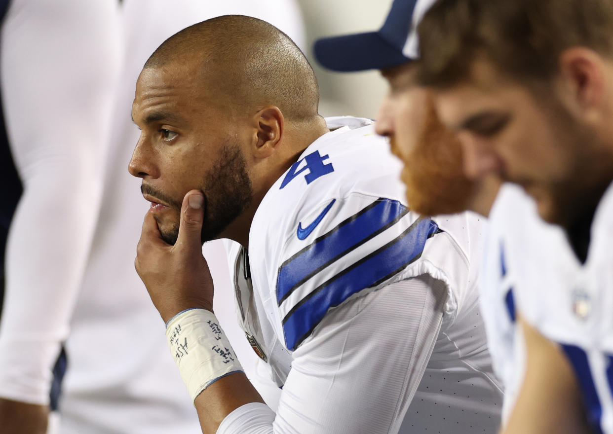 Dak Prescott and the Dallas Cowboys have a lot to think about after their 42-10 loss to the 49ers on Sunday night in a game they looked forward to for a long time. (Photo by Ezra Shaw/Getty Images)