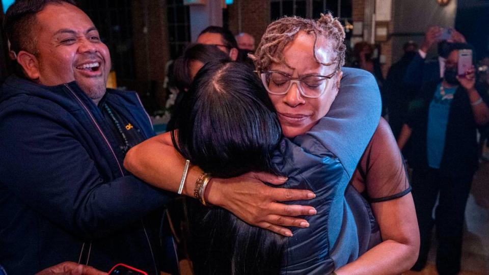 Newly elected Durham Mayor, Elaine O’Neal embraces longtime friend Marquita Jones following her acceptance speech at The Rickhouse event space on Tuesday, November 2, 2021 in Durham, N.C.