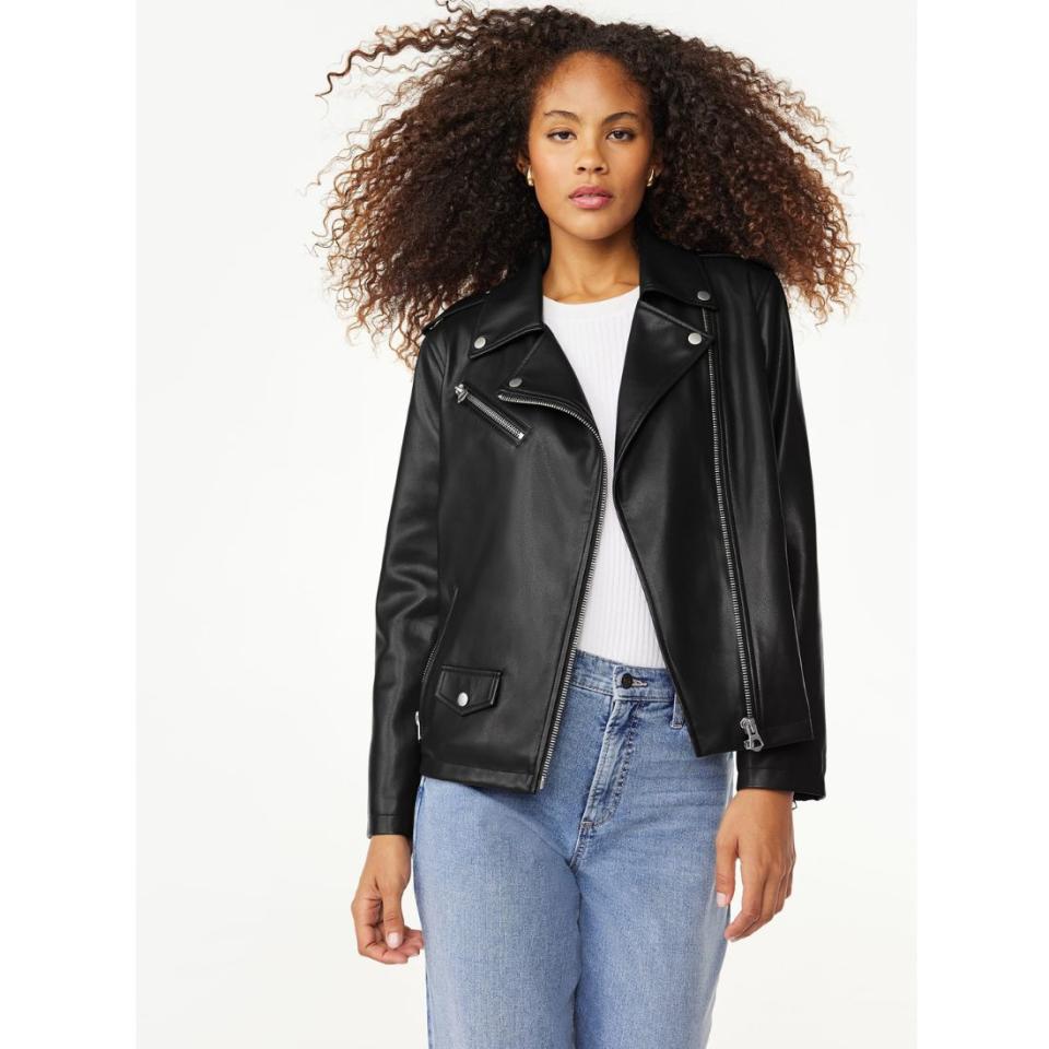 model wearing black faux leather moto jacket
