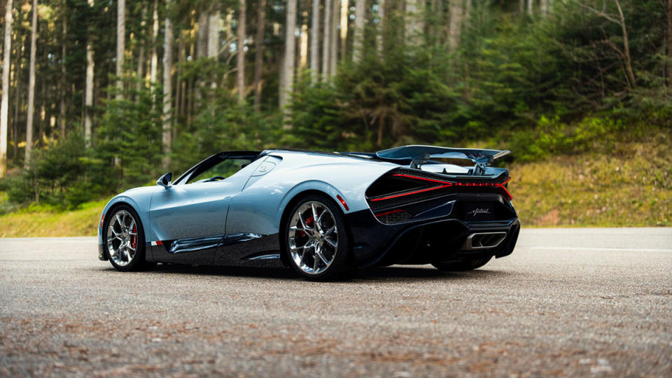 A rear 3/4 view of the Bugatti Mistral