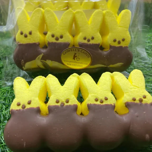 Fluffy marshmallow bunnies dressed to impress in either milk or dark chocolate outfits.at Gowell's Home Made Candy in Brockton.