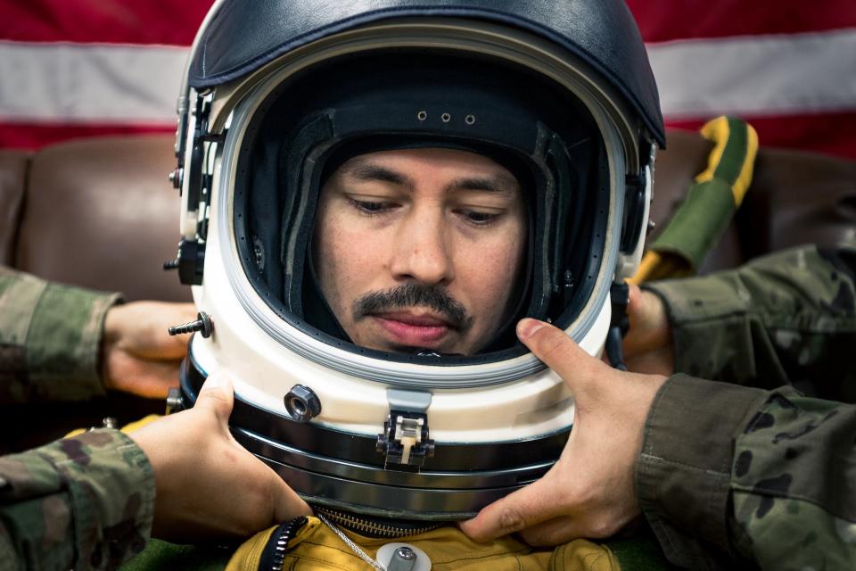 A U2 pilot in his helmet in 2019 in the United Arab Emirates.