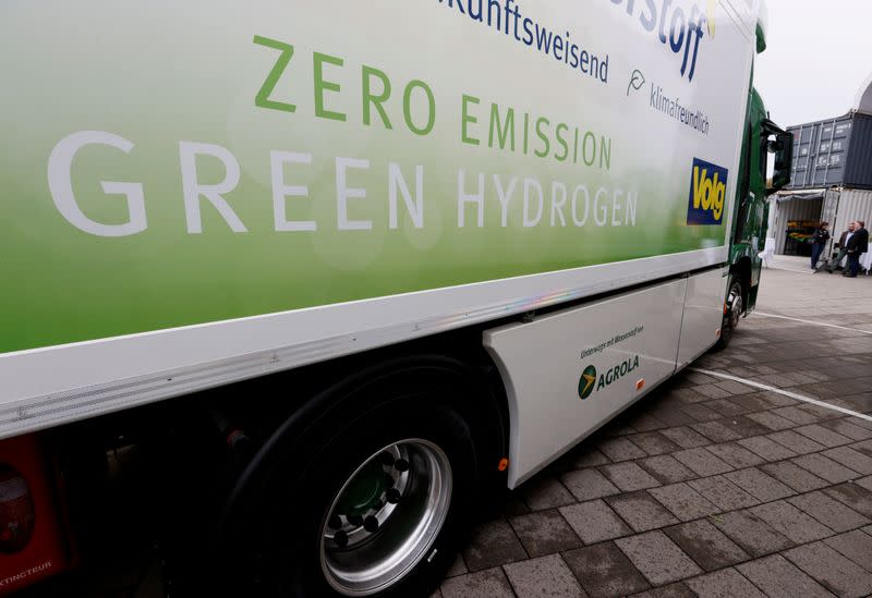 FILE PHOTO: New hydrogen fuel cell truck made by Hyundai is displayed in Luzern