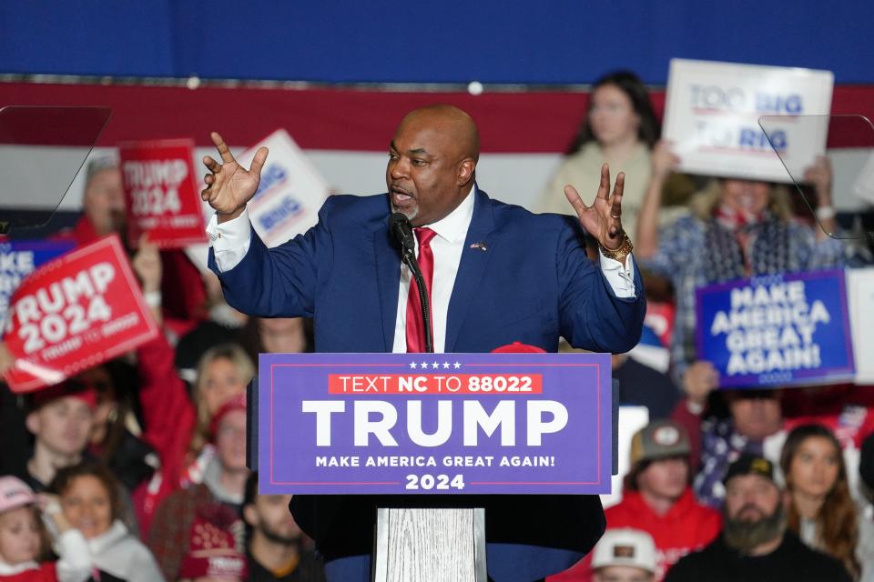 North Carolina Lt. Gov. Mark Robinson speaks during a rally for Republican presidential candidate Donald Trump on March 2, 2024. Robinson won the party's nomination for North Carolina governor.