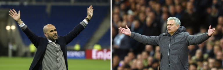 Ajax' head coach Peter Bosz (L) celebrating after winning the UEFA Europa League semi-final match against Olympique Lyonnais and Manchester United's manager Jose Mourinho (R) during the English Premier League match against Manchester City
