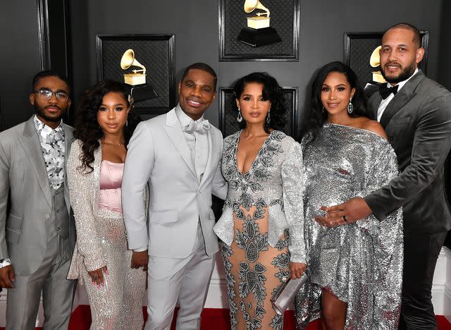 <p>Frazer Harrison/Getty</p> Caziah Franklin, Kennedy Franklin, Kirk Franklin, Tammy Collins, Carrington Franklin, and Maxx Nakwaasah attend the 62nd Annual GRAMMY Awards on January 26, 2020.