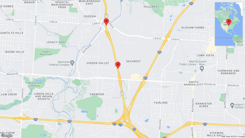 A detailed map that shows the affected road due to 'Crash reported on northbound I-40/US-71 in Kansas City' on July 16th at 3:26 p.m.