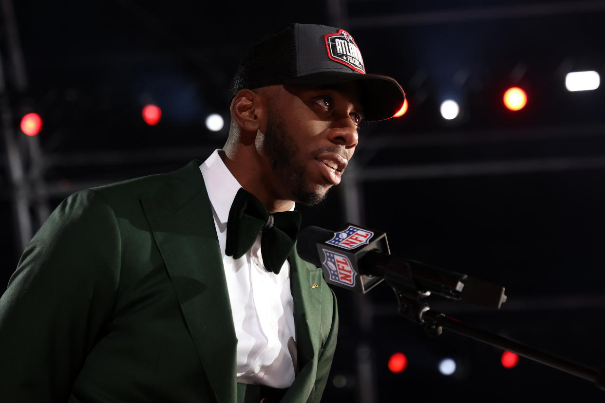 CLEVELAND, OHIO - APRIL 29: Kyle Pitts speaks onstage after being selected fourth by the Atlanta Falcons during round one of the 2021 NFL Draft at the Great Lakes Science Center on April 29, 2021 in Cleveland, Ohio. (Photo by Gregory Shamus/Getty Images)