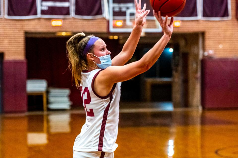 Bishop Stang's Kate Carreau, seen here earlier this season against New Bedford, scored 11 points Friday against Dartmouth.