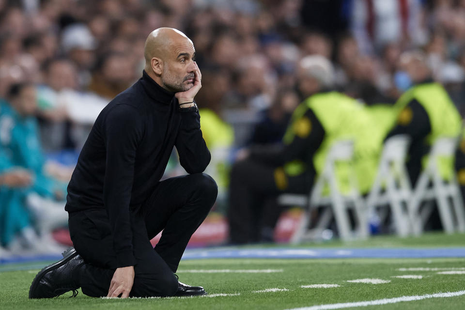 Pep Guardiola looks on during the Champions League semi-final match.