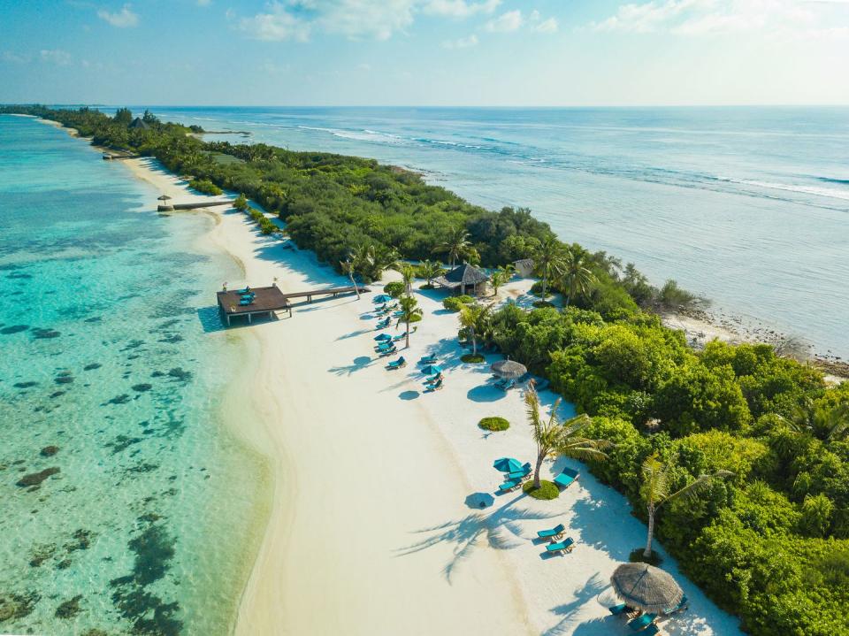 aerial view of canareef resort maldives, herathera island, addu atoll