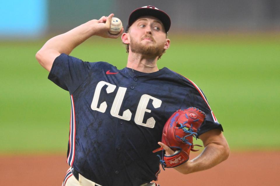 Cleveland Guardians starter Tanner Bibee (28) delivers a pitch against the Minnesota Twins on Sept. 18 in Cleveland.