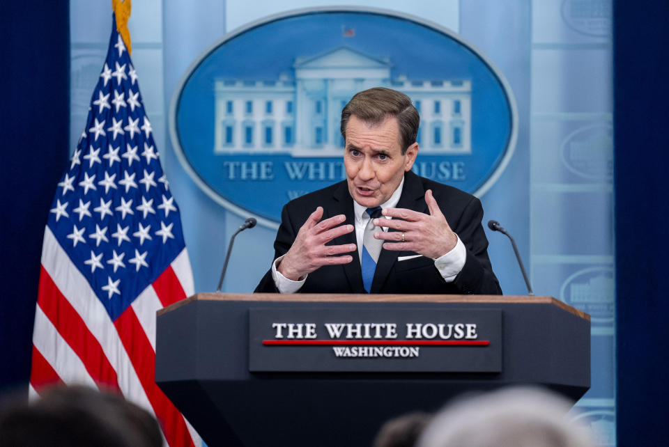 White House national security communications adviser John Kirby speaks at a press briefing at the White House in Washington, Thursday, Feb. 15, 2024. (AP Photo/Andrew Harnik)